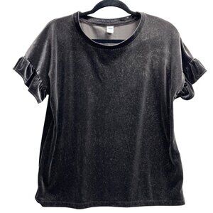 Old Navy Dark Gray Glittery Velvet-Velour Top, Size Medium, Short Ruffled Sleeve